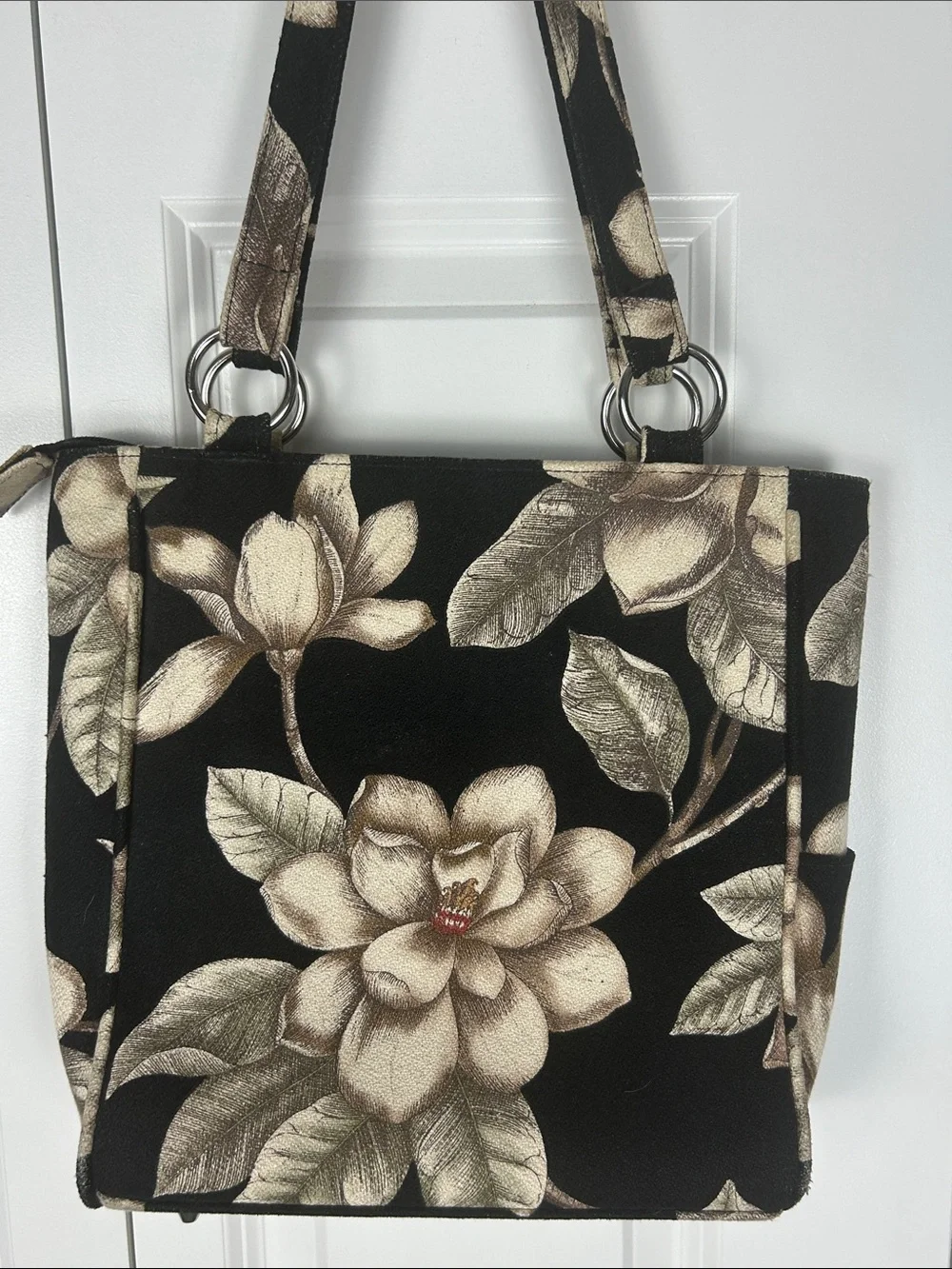 Black Floral Tote Bag with Cream Magnolia Accents